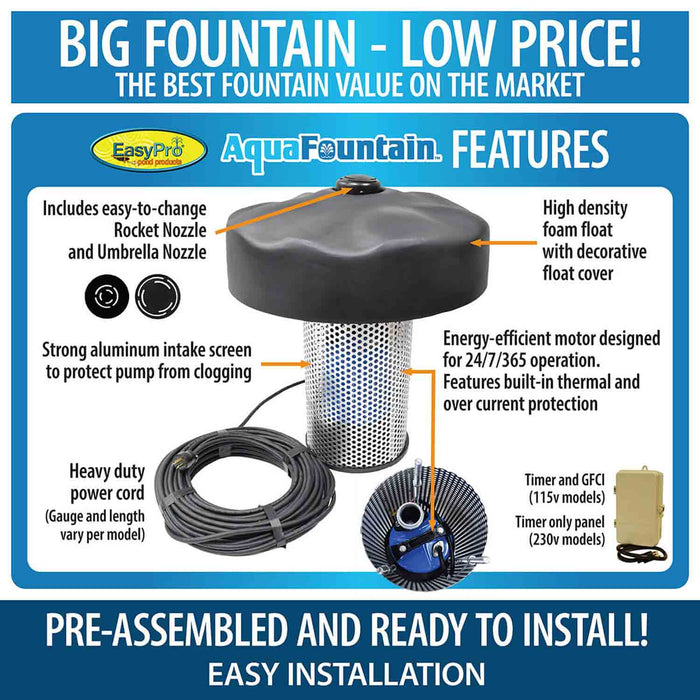 EasyPro Aqua Fountain 1/2 HP Floating Fountain - 115V - Product Features