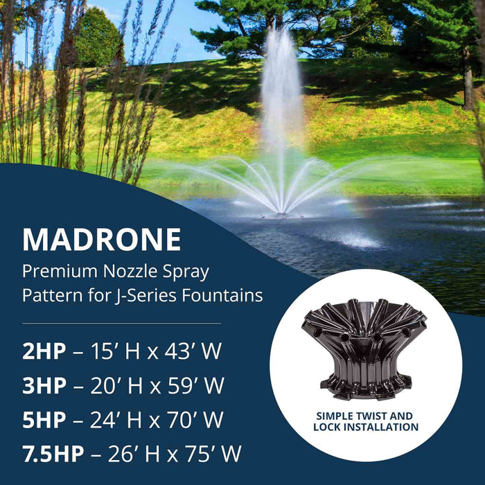 Kasco Marine Premium Nozzle Madrone Spray Pattern Dimensions for 2HP, 3HP, 5HP and 7.5HP J-Series Fountains at Paragon Ponds